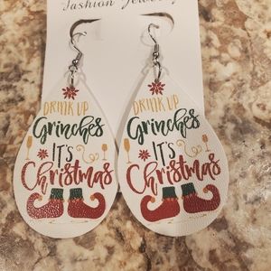 Drink Up Grinches It's Christmas double sided teardrop earrings NEW